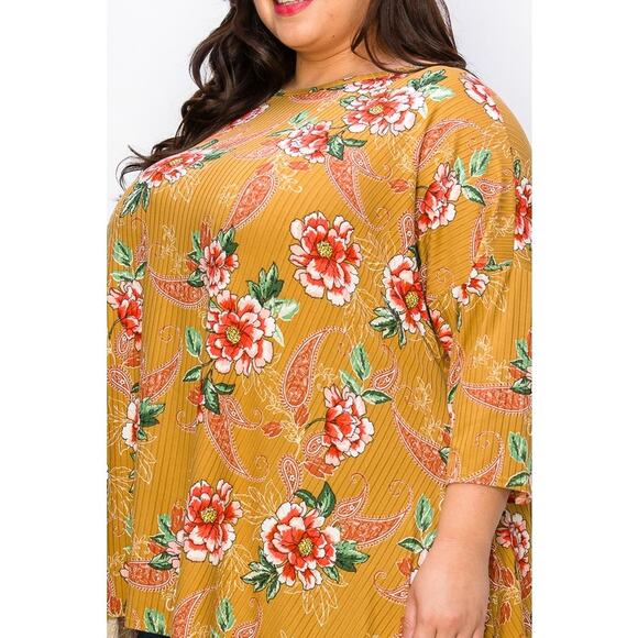055 Curvy Lovey Flower Print Side Drape Tunic Top in Mustard - Picture 4 of 5